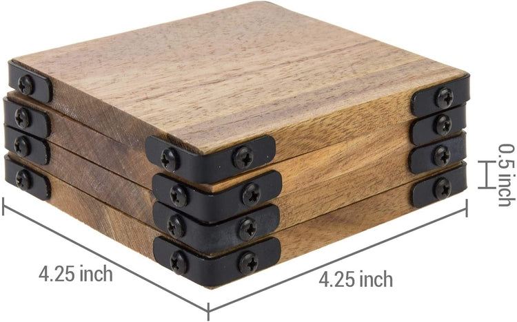 Set of 4, Premium Acacia Solid Wood Square Beverage Coasters with Matte Black Metal Corners-MyGift