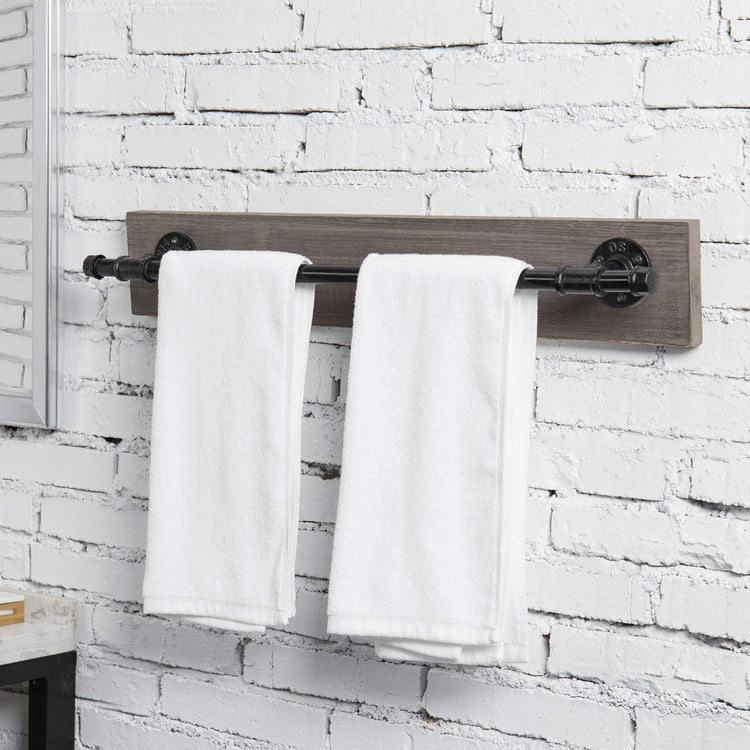 Rustic Gray Wood & Industrial Metal Pipe Wall Mounted Towel Bar Rack-MyGift