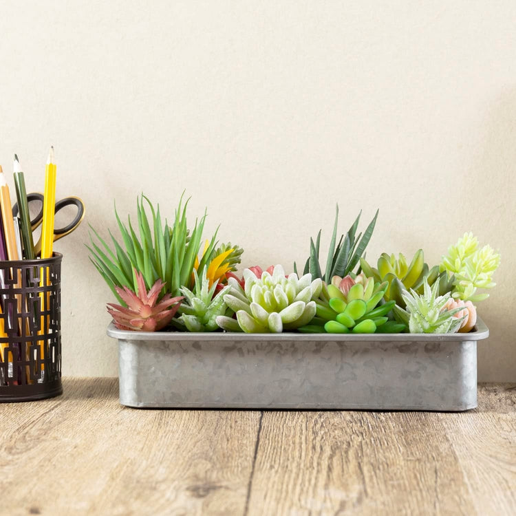 Artificial Assorted Succulents in Rectangular Galvanized Metal Window Box Style Planter, Tabletop Faux Plant Centerpiece