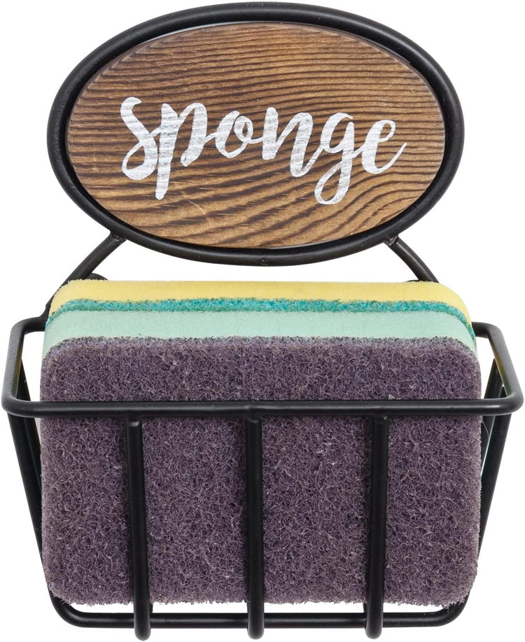 Burnt Wood and Industrial Black Metal Kitchen Sponge Holder with Cursive “Sponge” Label-MyGift