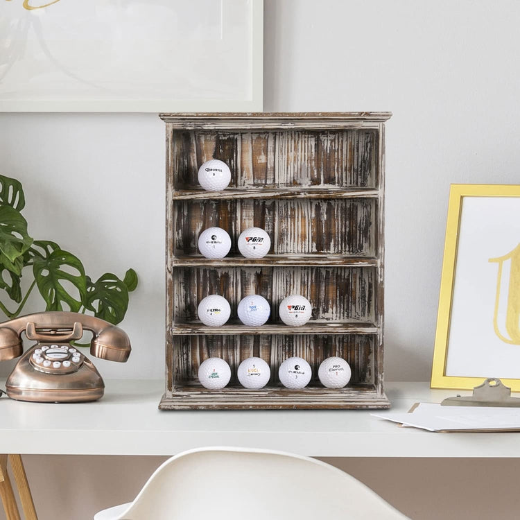 Wall Mounted Torched Wood Golf Ball Collector Display Shelf, 4-Tier Wooden Storage Organizer Rack with 16 Slot Holders-MyGift