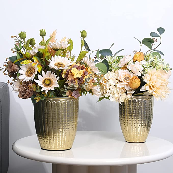Art Deco Style Hammered Brass Tone Metal Round Flower Vases/Planter Pots, Set of 2