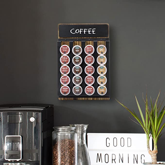 Wall Mounted Wood and Metal Coffee Pod Capsule Holder, Coffee Pod Holder Rack with Chalkboard Label