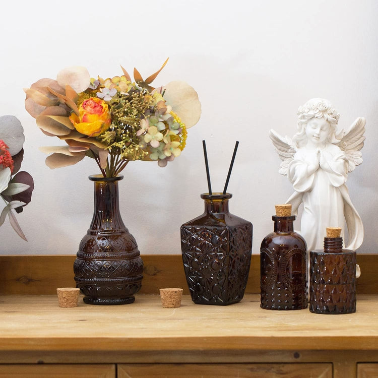 Embossed Amber Glass Decorative Reed Diffusers with Cork Lids, Small Apothecary Style Flower Bud Vases, Set of 4