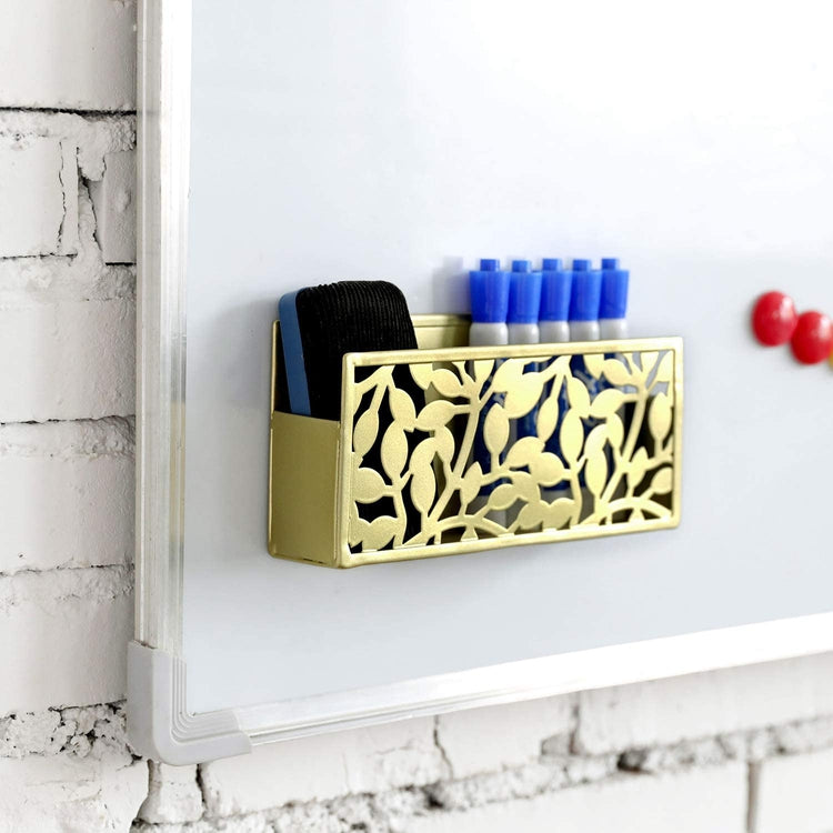 Magnetic Floral Pattern Brass Metal Dry Erase Whiteboard Marker Basket Organizer-MyGift