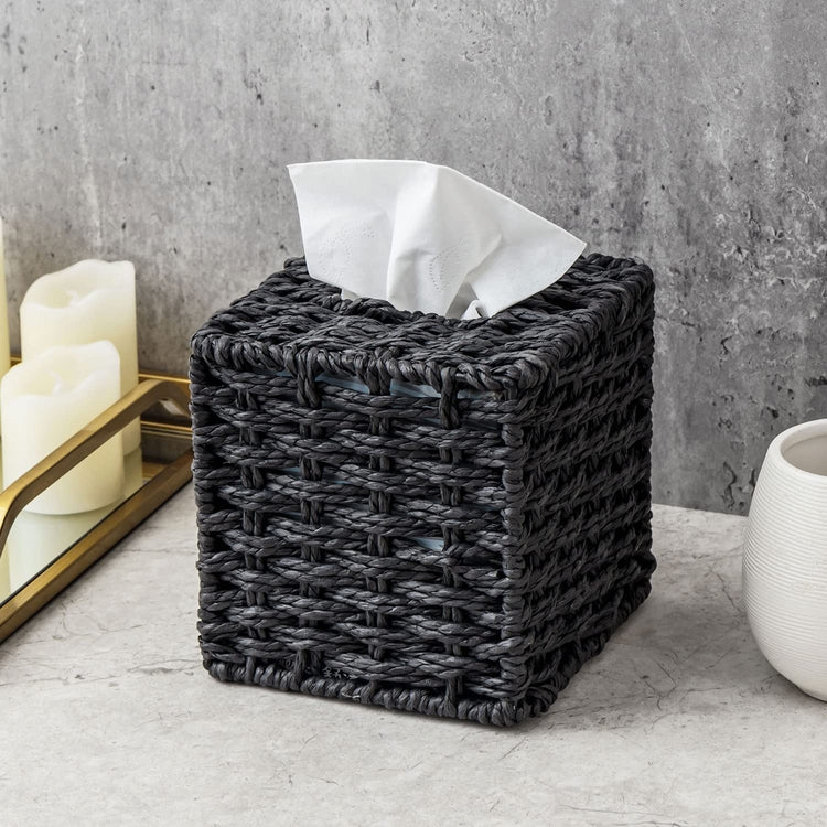 Black Decorative Rope Woven Square Tissue Box Holder Cover