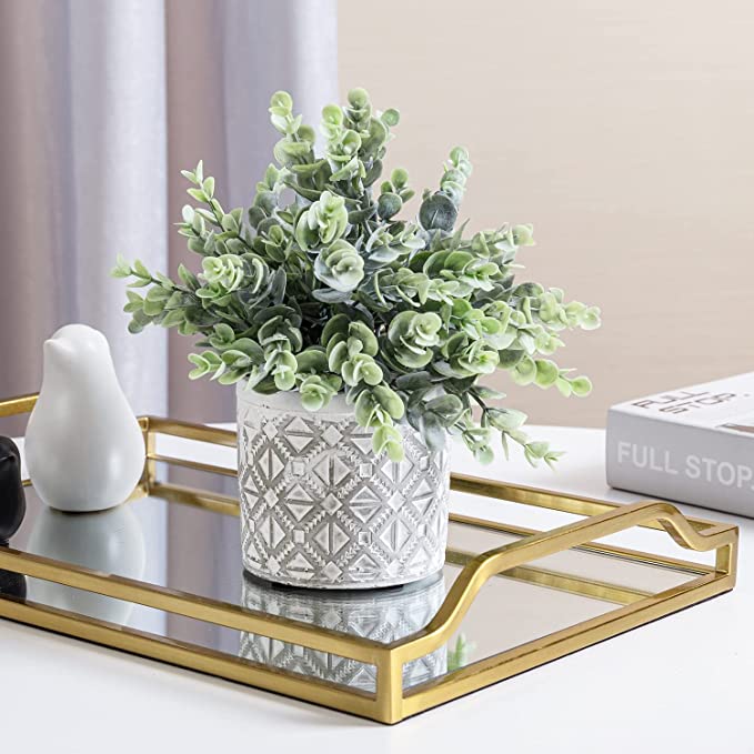 artificial plants in gold pot Artificial Plants in Concrete Pot Fake Potted Plants for Home Living Room Office Décor, Artificial Potted Eucalyptus Boxwood Plant Faux Greenery