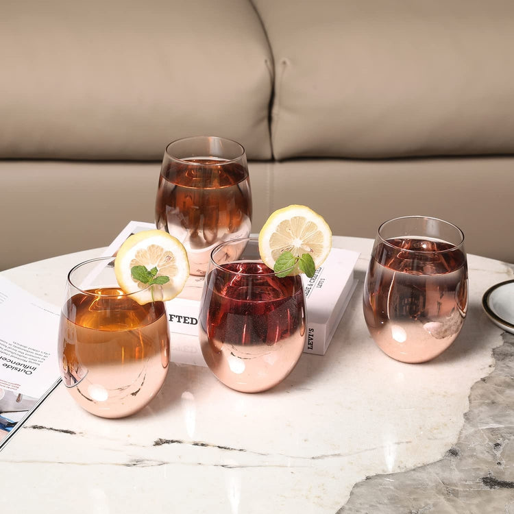 Copper-Tone Stemless Wine Glasses with Metallic Smokey Gradient Ombre Design, Set of 4
