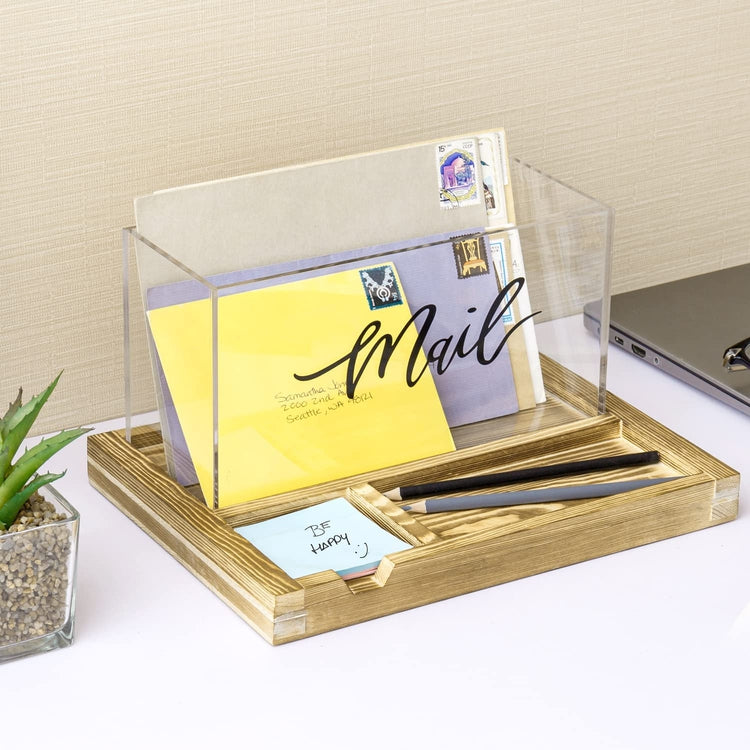Clear Acrylic Mail Sorter Box w/ Cursive Decorative "Mail" Label and Burnt Wood Office Supplies Tray-MyGift