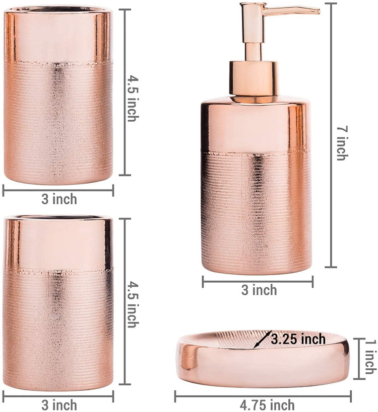 Rose Gold 4-Piece Textured Ceramic Bathroom Set with Soap Dish, Pump Dispenser, Toothbrush Holder & Tumbler-MyGift