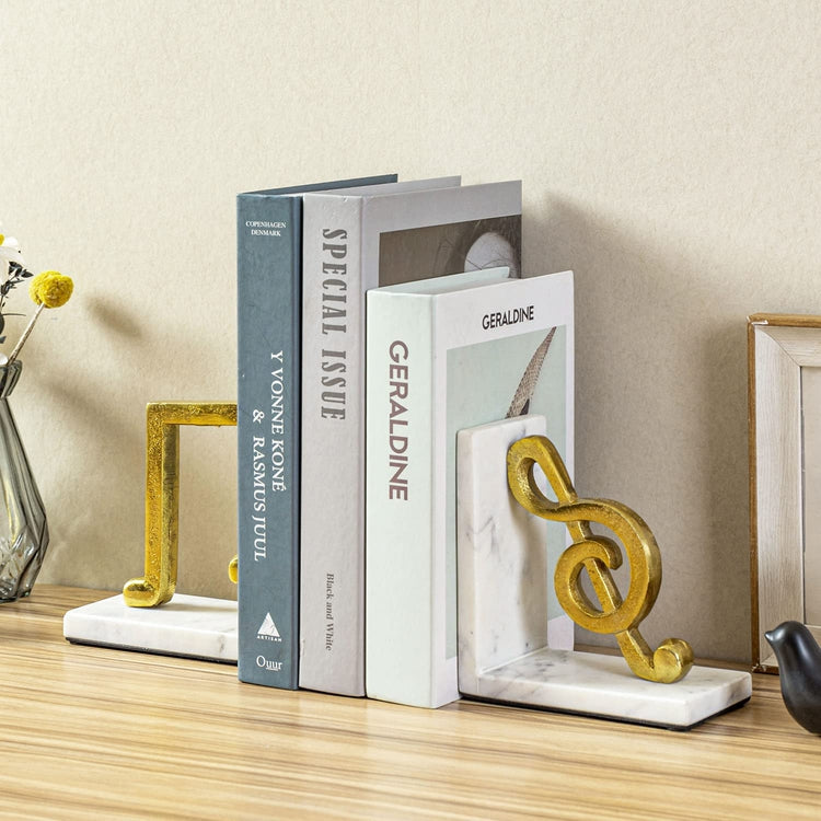 Tabletop Bookends, White Marble L-Shaped Desktop Book Holders with Brass Tone Aluminum Sculpted Musical Notes