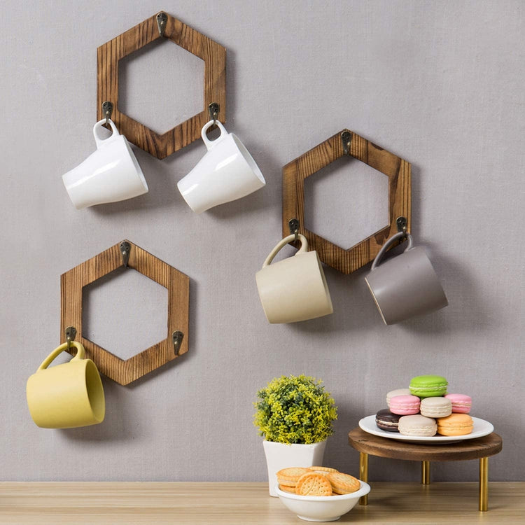 3-Hook Burnt Wood Geometric Hexagon Wall Mounted Mug Holder Rack, Set of 3