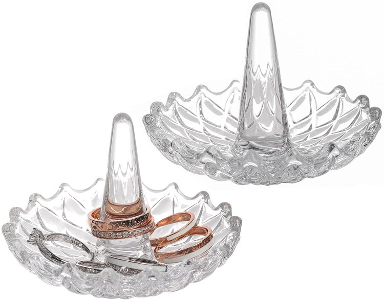 Set of 2, Starburst Style Clear Glass Round Ring Holder Dish, Jewelry Trays-MyGift