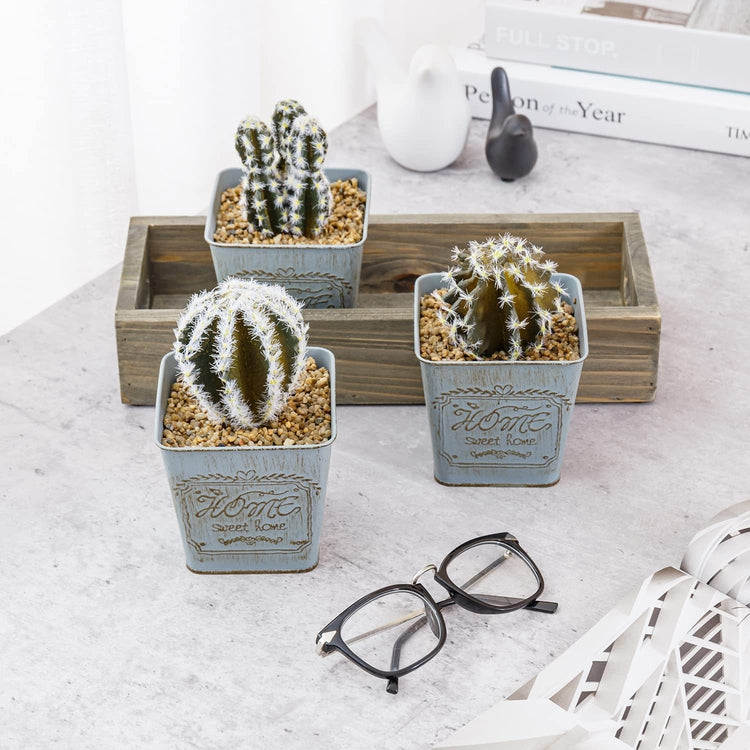Artificial Plant Display, Mini Assorted Faux Cactus, Indoor Fake House Plants in Tin Bucket Plant Pots and Gray Wood Crate