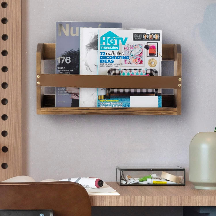 Wall Mounted Magazine Holder Burnt Wood Rack with Caramel Brown Leatherette Rail, Organizer Storage Rack