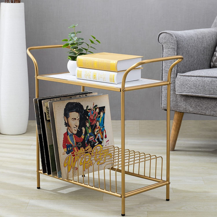 2-Tier Whitewashed Wood and Brass Tone Metal Record Player Media Stand with LP Album Storage Shelf-MyGift