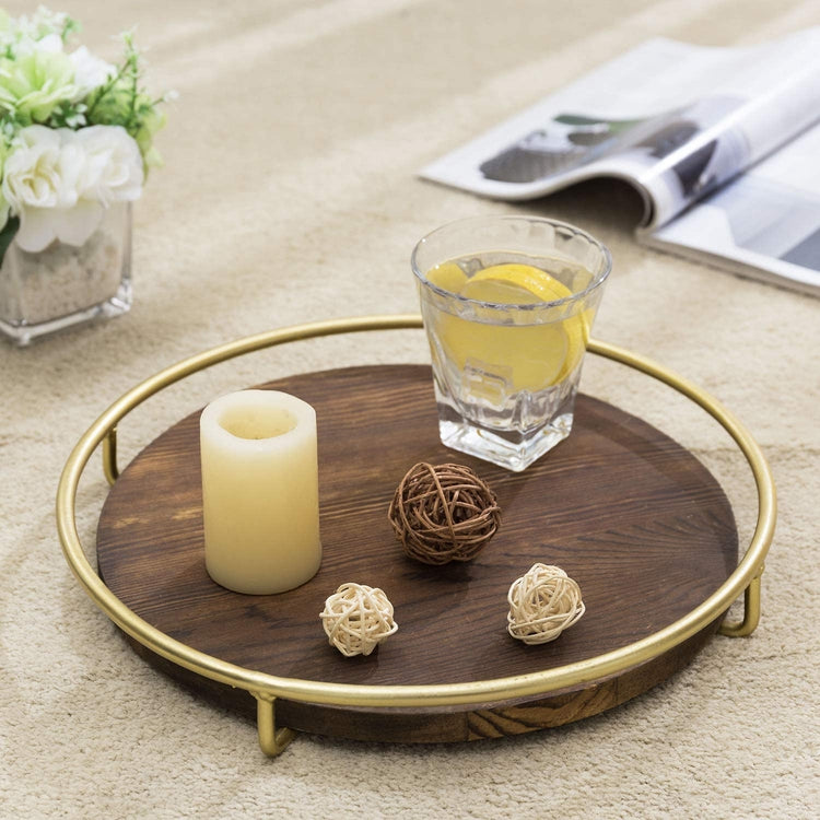 12 Inch, Dark Brown Burnt Wood and Brass Tone Metal Wire Decorative Round Serving Display Tray