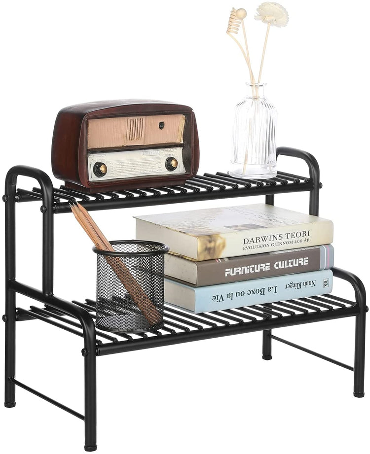 Industrial Black Metal Plant Stand Indoor Rack, Small 2 Tier Planter Pot Shelf, Multipurpose Desktop Display Shelving-MyGift