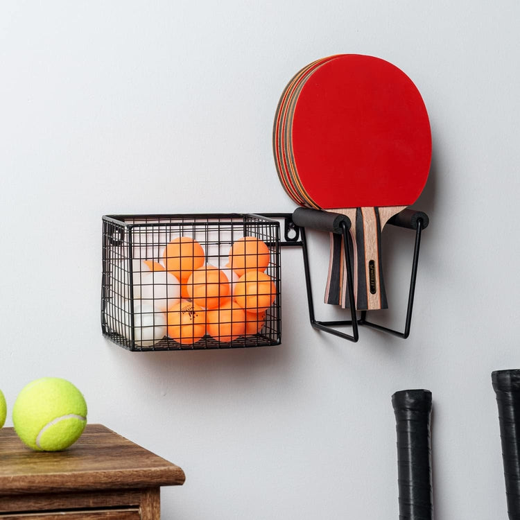 Wall Mounted Black Metal Table Tennis Racket and Ball Storage, Hanging Organizer with Paddle Rack, Ping Pong Ball Basket