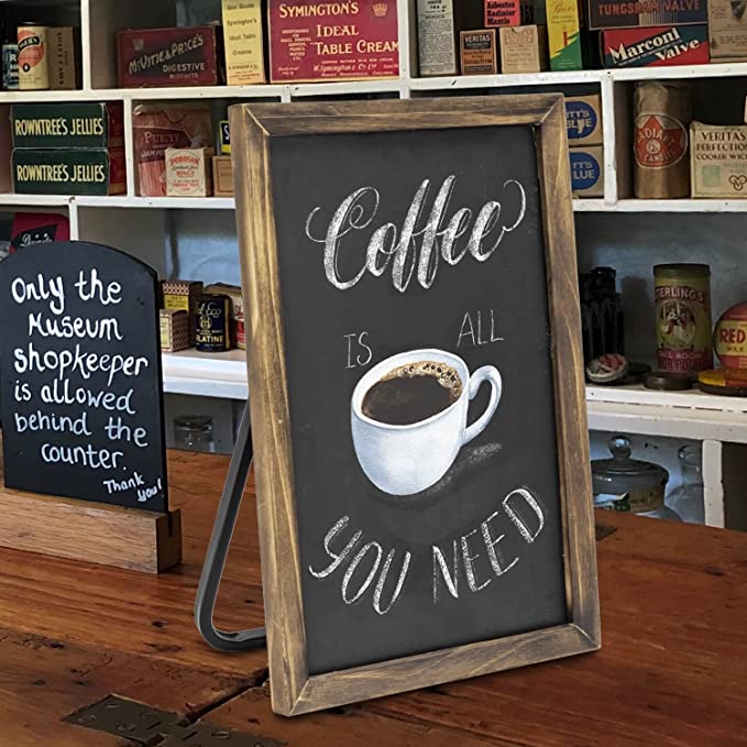 14 Inch Burnt Wood Frame and Black Metal Standing Chalkboard Countertop Sign