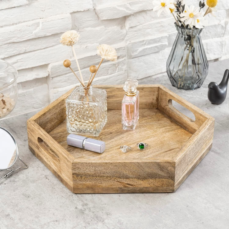 13 Inch Mango Wood Hexagonal Serving Tray, Handcrafted Coffee