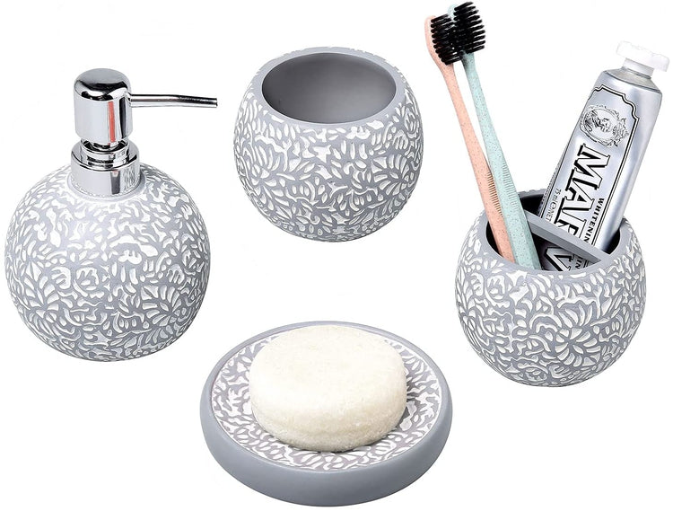 4 Piece Gray Embossed White Floral Pattern Bathroom Set with Soap Dish, Tumbler, Toothbrush Holder and Pump Dispenser-MyGift