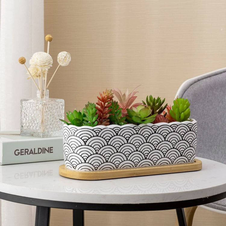 11 Inch Black and White Waves Scallop Edged Glazed Ceramic Planter with Bamboo Tray, Japanese Seigaiha Pattern-MyGift