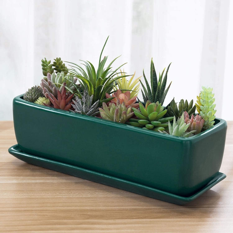Turquoise Rectangular Ceramic Succulent Planter Box with Saucer, 14 Inch