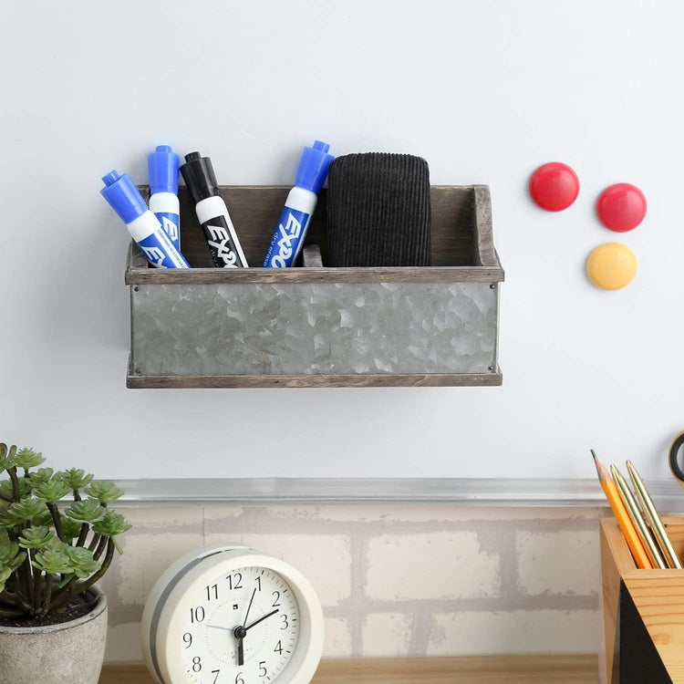 Magnetic Reclaimed Style Wood and Galvanized Metal Dry Erase Whiteboard Marker Holder Rack, Home Office Supplies Organizer Box