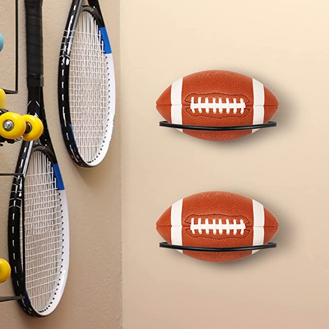 Wall Mount Football Display Rack, Wood and Industrial Black Metal Sports Ball Holder, Set of 2-MyGift