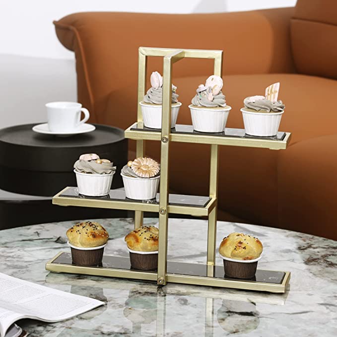 3 Tier Rectangular Dessert Display Holder, Black Marble and Gold Metal Cupcake Stand-MyGift