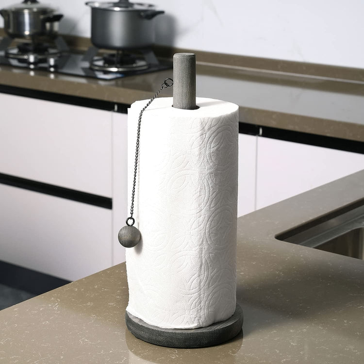 Gray Wood Tabletop Paper Towel Holder Dispenser Rack with Wooden Ball Weight-MyGift