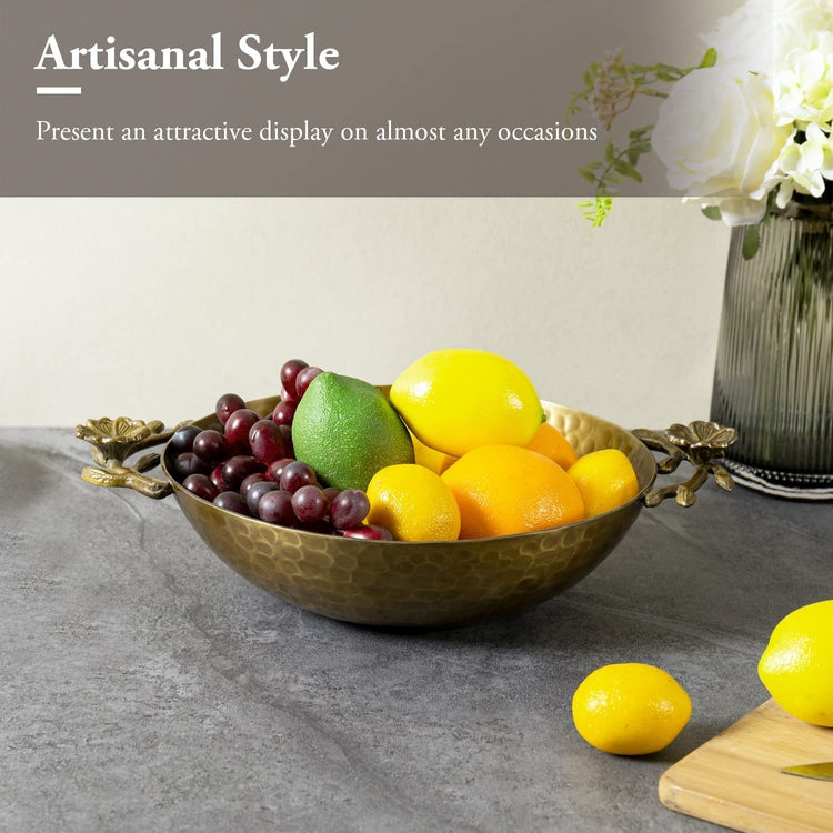 Brass Tone Hammered Metal Fruit Bowl with Floral Shaped Handles, Tabletop Centerpiece Tray Serving Platter Dish-MyGift