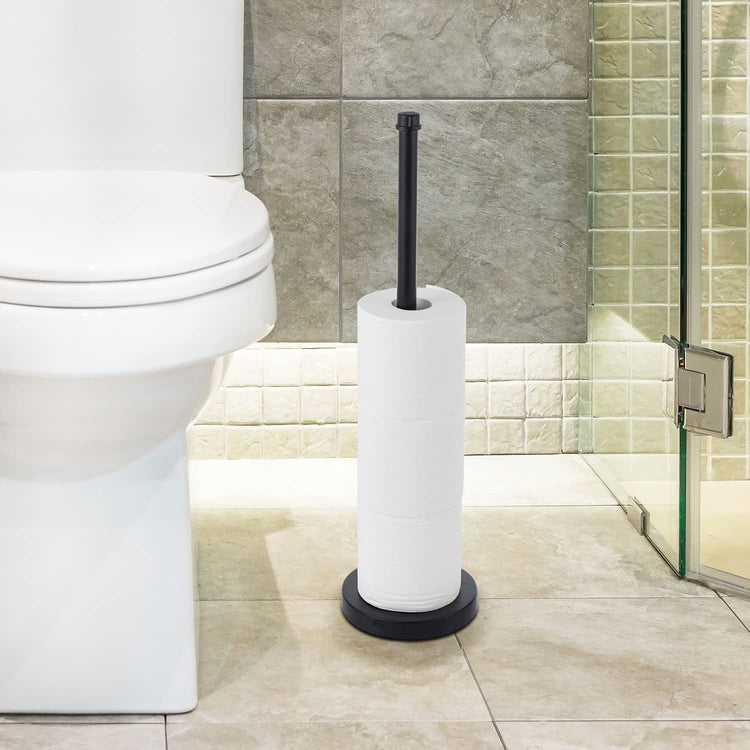 Toilet Paper Holder Stand, Black Metal Pipe Freestanding Bathroom Tissue Storage, Floor Standing Spare Roll Reserve-MyGift