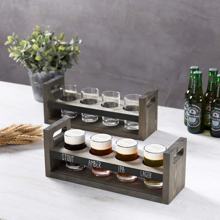 Set of 2, Gray Wood Beer Flight Sampler Serving Tray with Chalkboard Panels & 4 Tasting Glasses-MyGift