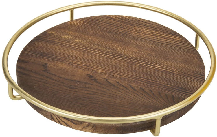 12 Inch, Dark Brown Burnt Wood and Brass Tone Metal Wire Decorative Round Serving Display Tray-MyGift