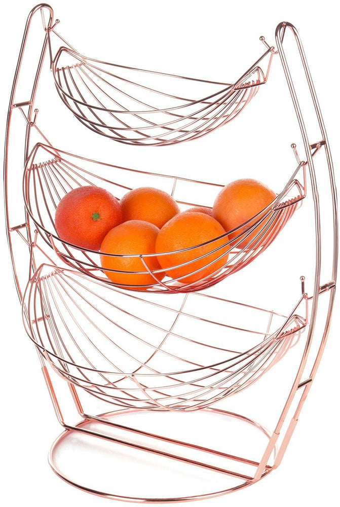 3-Tier Rose Gold-Tone Metal Hammock-Style Produce Fruit Storage Baskets-MyGift