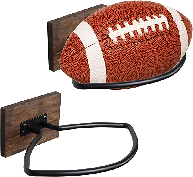 Wall Mount Football Display Rack, Wood and Industrial Black Metal Spor