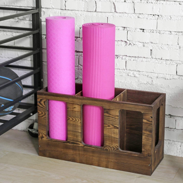 3 Compartment Dark Brown Wood Wall Mounted Fitness Foam Roller, Yoga Mat Holder Storage Rack