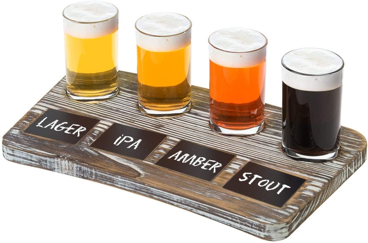 4 Glass, Torched Wood Beer Tasting Flight Tray with Chalkboard Labels-MyGift