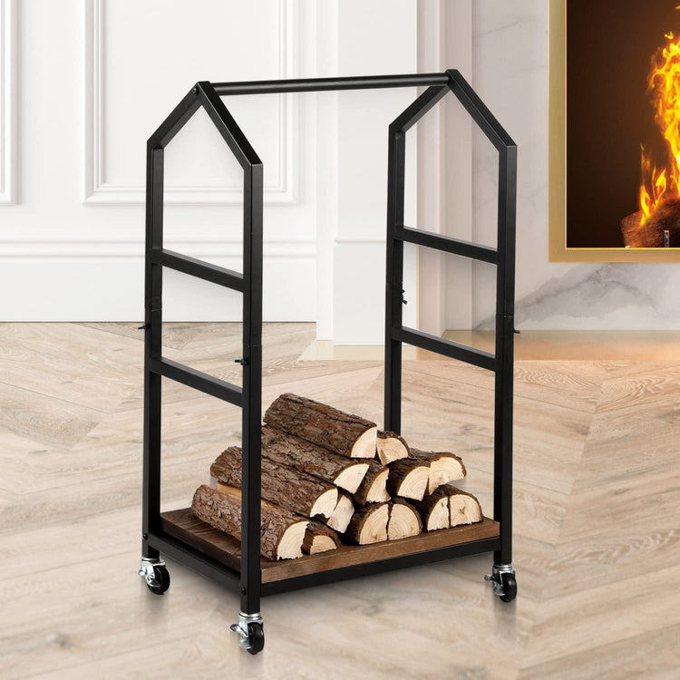 Industrial Firewood Cart in Burnt Wood and Black Metal Cottage Frame, Rolling Fire Log Lumber Holder Storage Trolley-MyGift