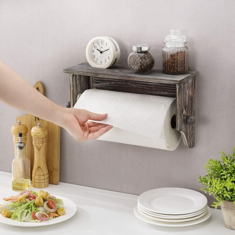 Wall-Mounted Torched Wood Paper Towel Holder with Display Shelf-MyGift