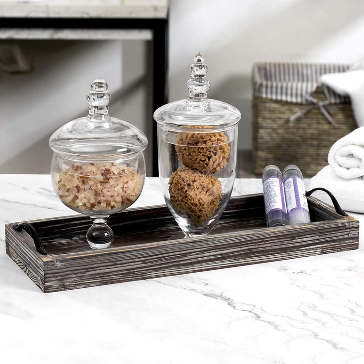 16 Inch Rustic Torched Wood Rectangular Vanity Display Tray with Black Metal Handles-MyGift