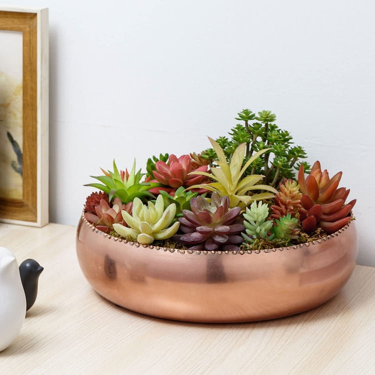 11-inch Metallic Copper Toned Metal Round Planter Pot with Pebbled Rim, Shallow Succulent Bowl-MyGift