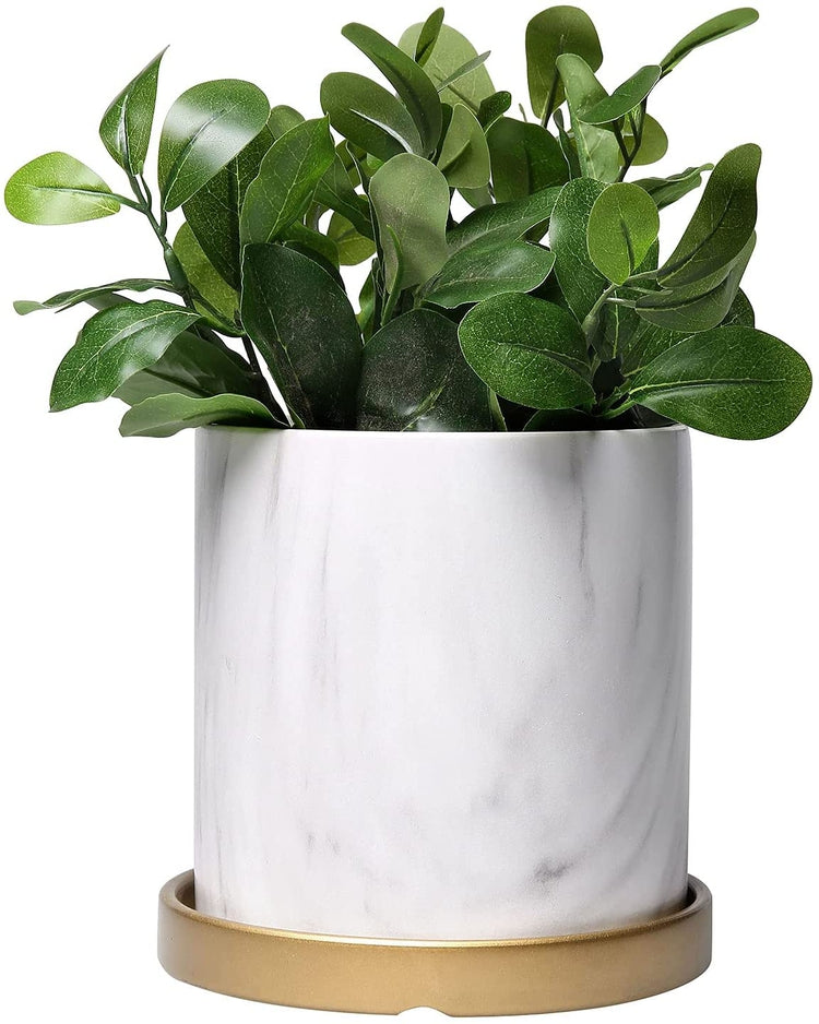 White and Gray, 6-inch Ceramic Marbled Cylindrical Planter Pot with Round Gold Tray-MyGift