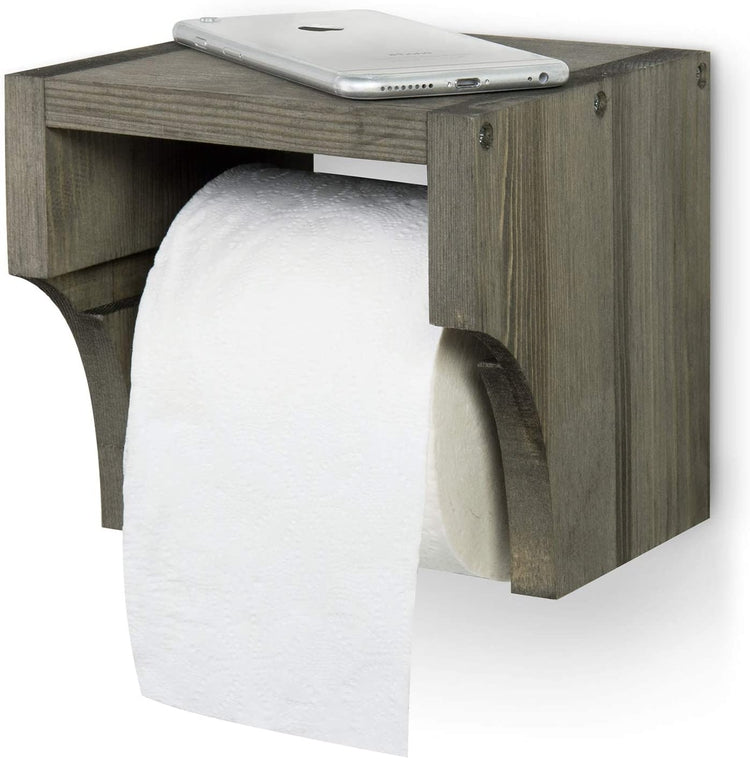 Gray Wood Wall Mounted Bathroom Toilet Paper Roll Holder with Storage Shelf-MyGift