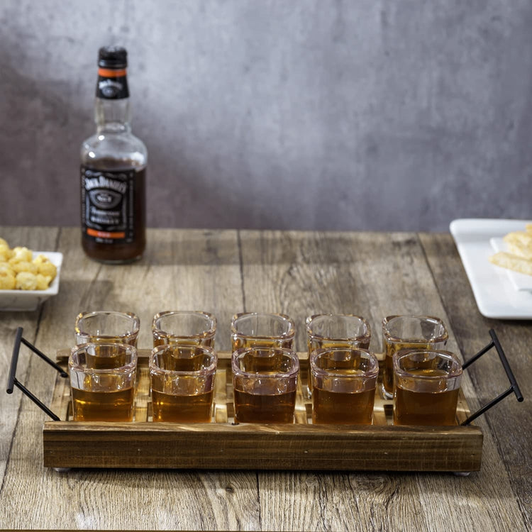 10 Shot Glass Serving Set with Rustic Burnt Wood and Black Metal Handles Party Shots Server Tray-MyGift