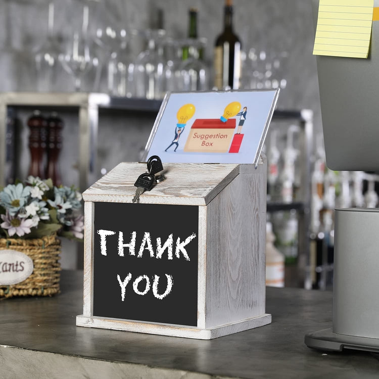 Whitewashed Wood Suggestion Box, Tip, Donation Box, Wall Mounted Locking Ballot Box, Clear Acrylic Sign Holder and Chalkboard