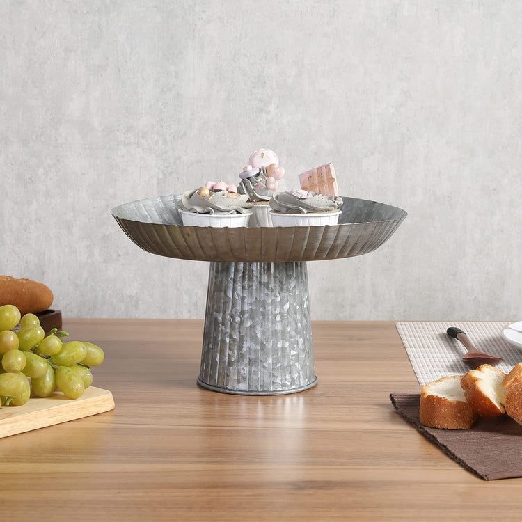 Cake Stand, Fluted Corrugated Galvanized Metal Round Dessert Pedestal Riser, Cupcake Holder Serving Platter Display-MyGift