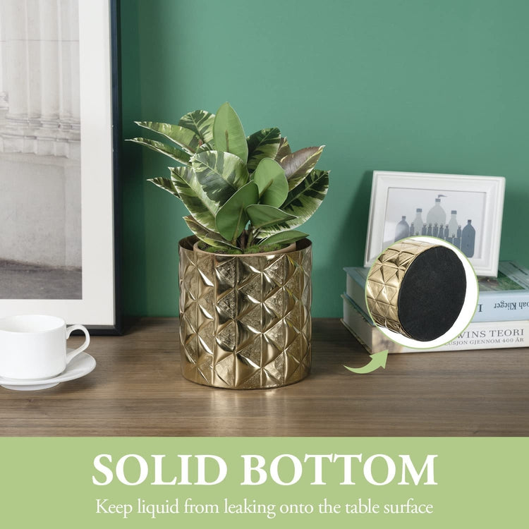 5.5 Inch Brass Tone Aluminum Planter with Geometric Embossed Triangle Pattern, Decorative Designer Metallic Flower Pot